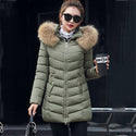 Women Slim Winter Parka Jacket With Fur - Army Green / Asian