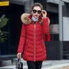 Women Slim Winter Parka Jacket With Fur - Burgundy / Asian 