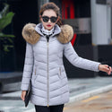 Women Slim Winter Parka Jacket With Fur - Gray / Asian 5XL -